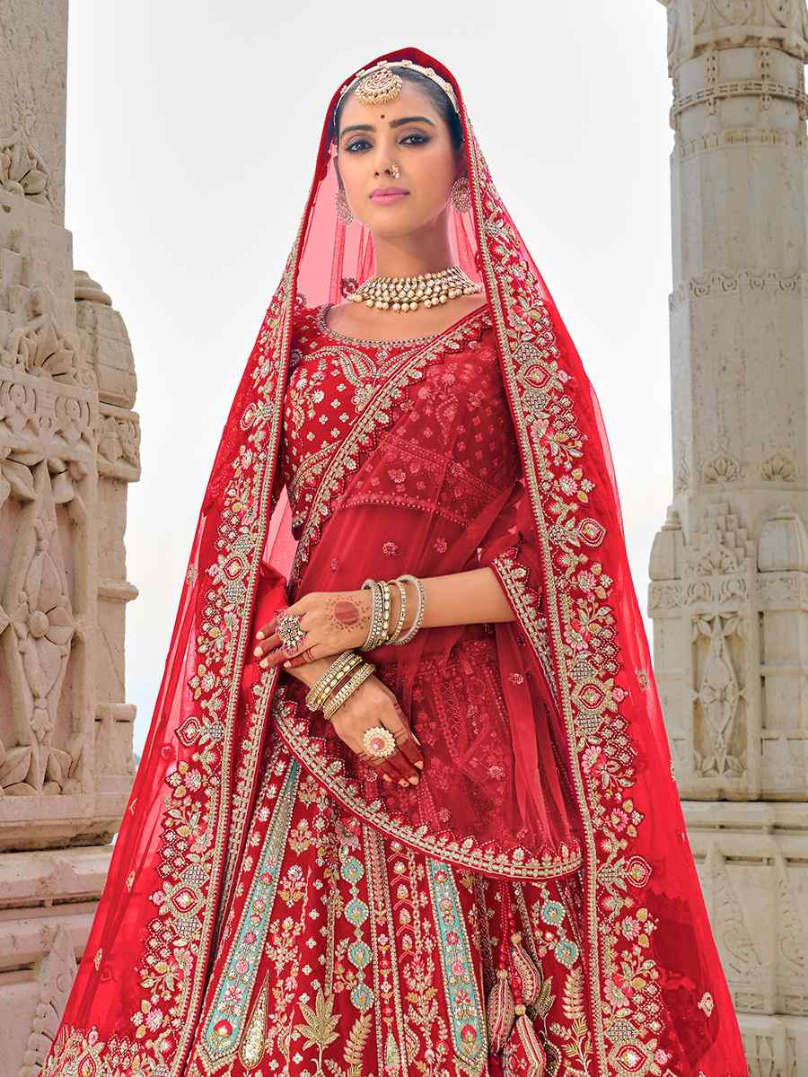 Red Silk Embroidered Wedding Bridal Heavy Border Lehenga Choli