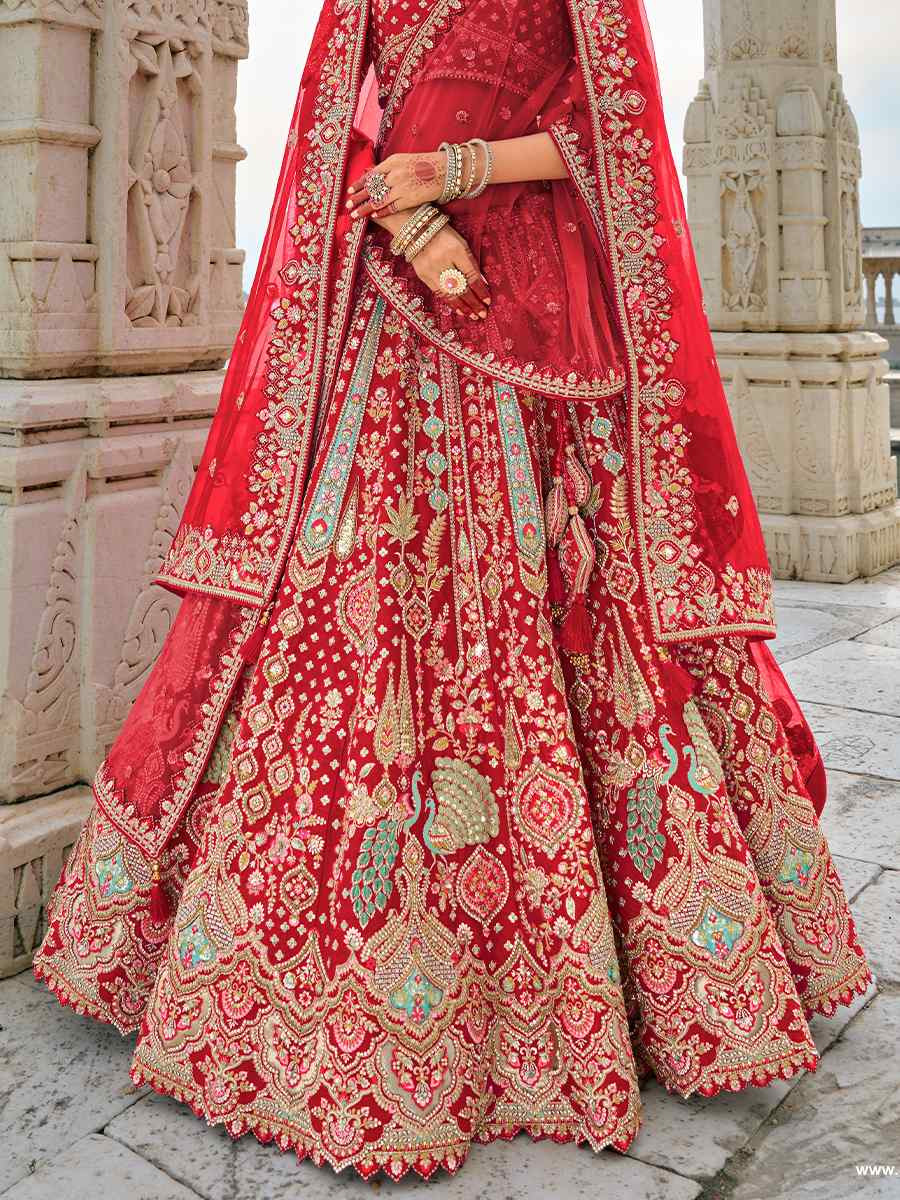 Red Silk Embroidered Wedding Bridal Heavy Border Lehenga Choli