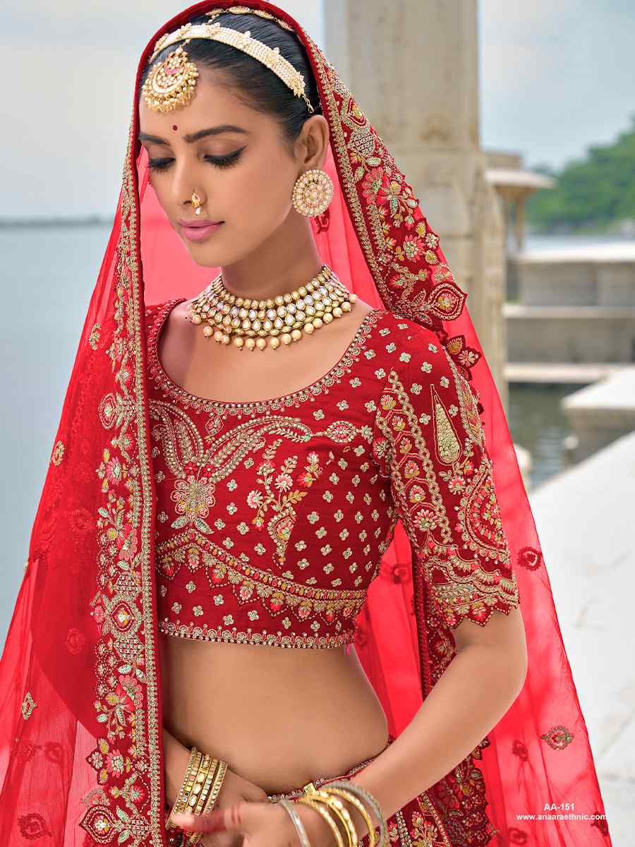 Red Silk Embroidered Wedding Bridal Heavy Border Lehenga Choli