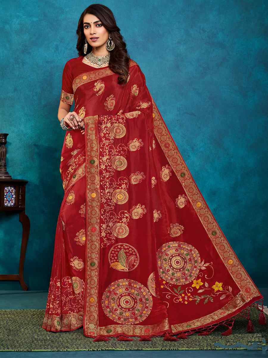 Red Silk Handwoven Festival Casual Classic Style Saree