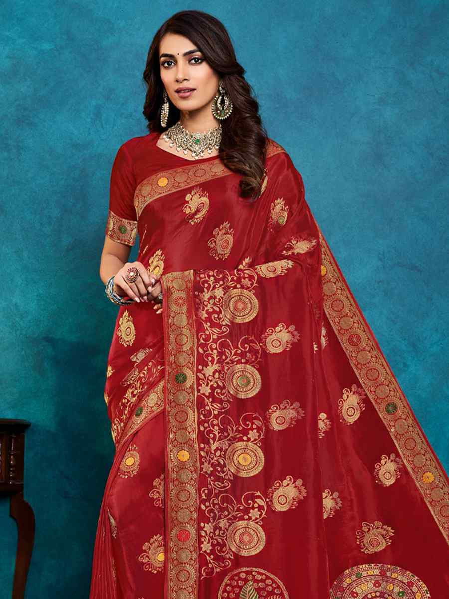 Red Silk Handwoven Festival Casual Classic Style Saree