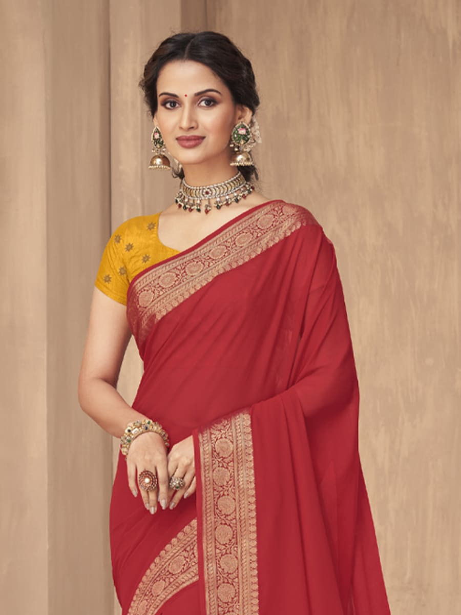 Red Silk Handwoven Festival Casual Heavy Border Saree