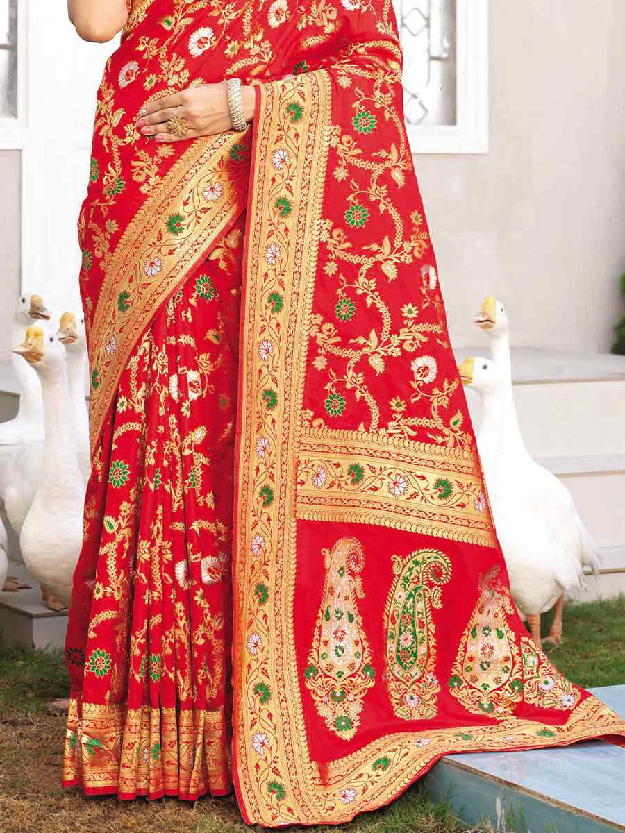 Red Silk Handwoven Festival Wedding Heavy Border Saree