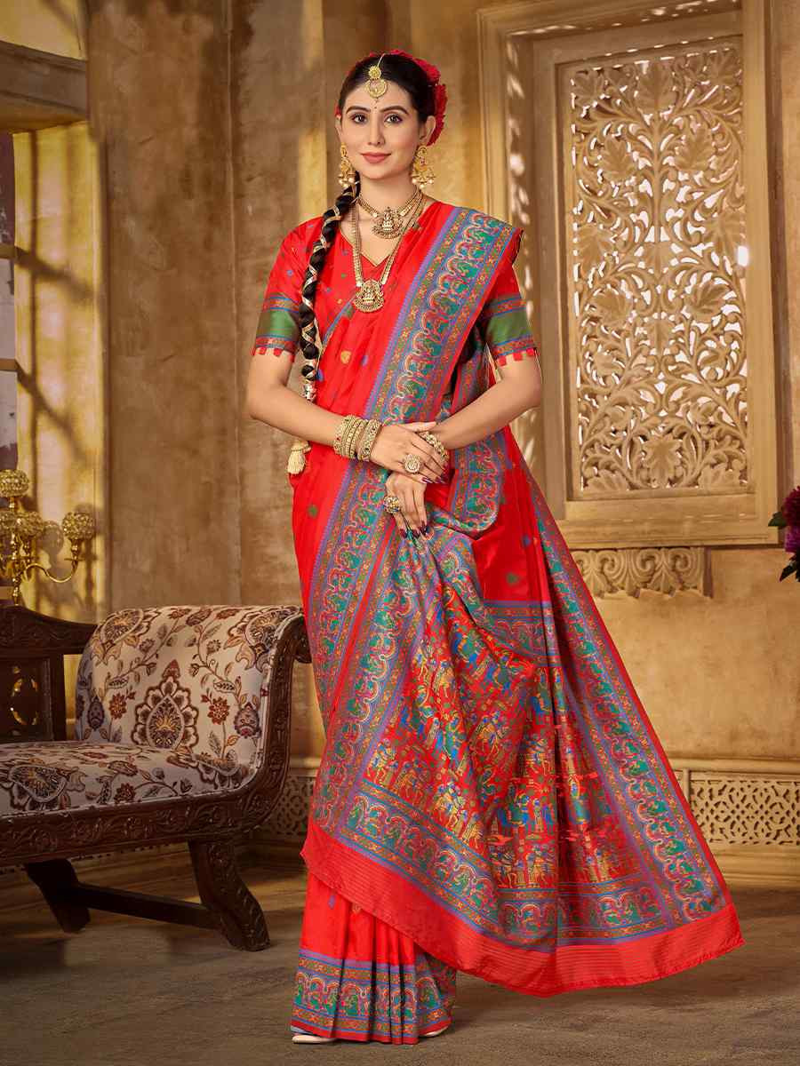 Red Silk Handwoven Festival Wedding Heavy Border Saree