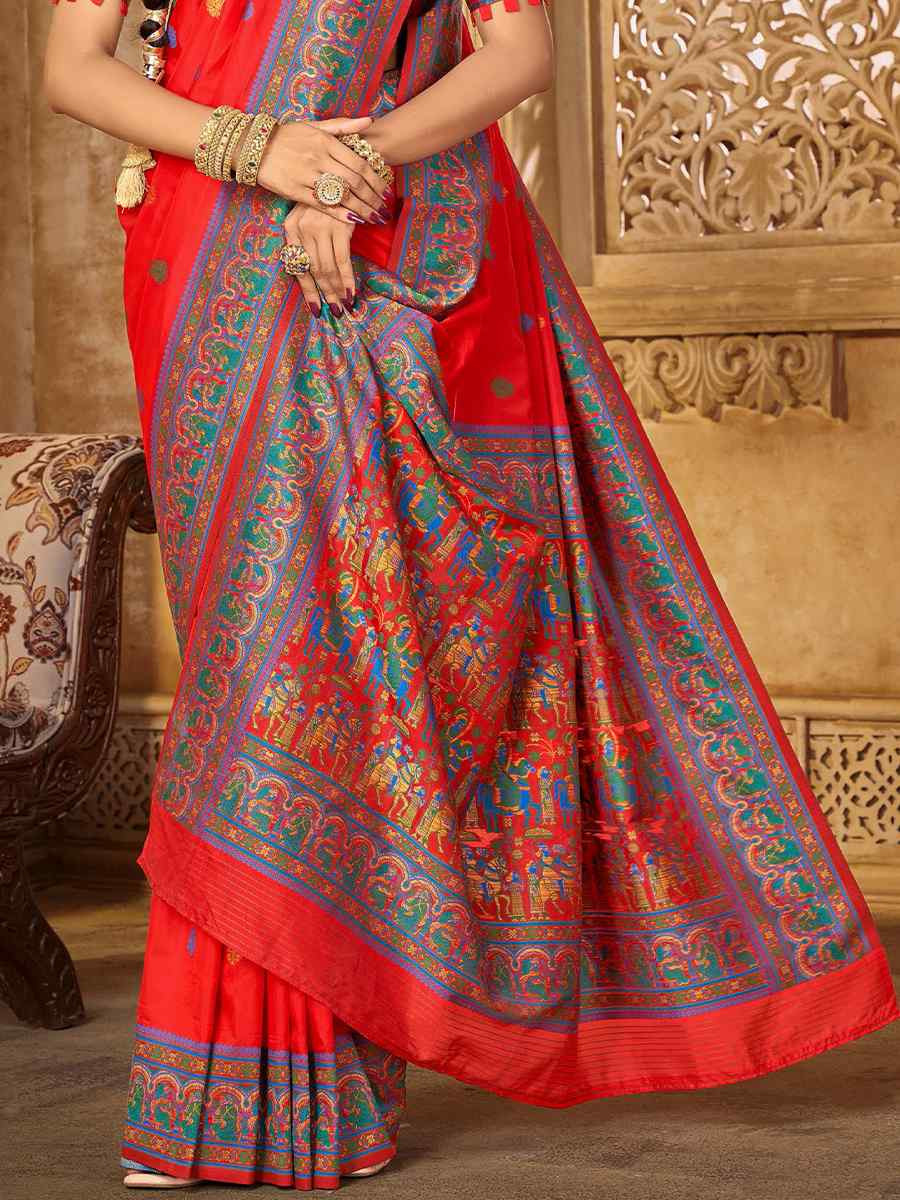 Red Silk Handwoven Festival Wedding Heavy Border Saree