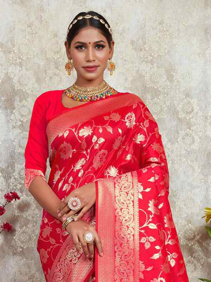 Red Silk Handwoven Wedding Festival Heavy Border Saree