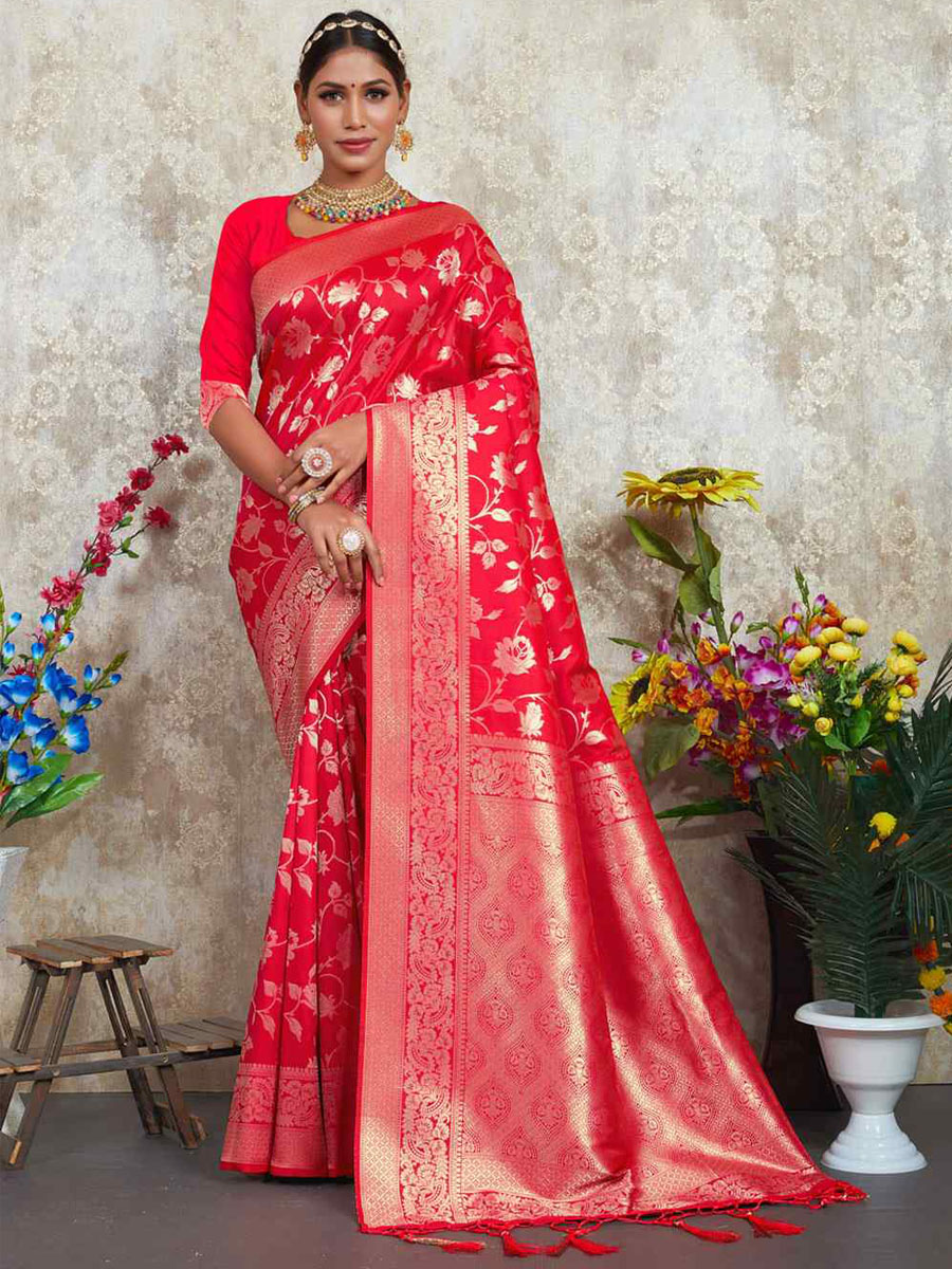 Red Silk Handwoven Wedding Festival Heavy Border Saree