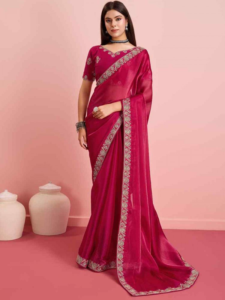 Red Soft Burberry Embroidered Party Festival Classic Style Saree