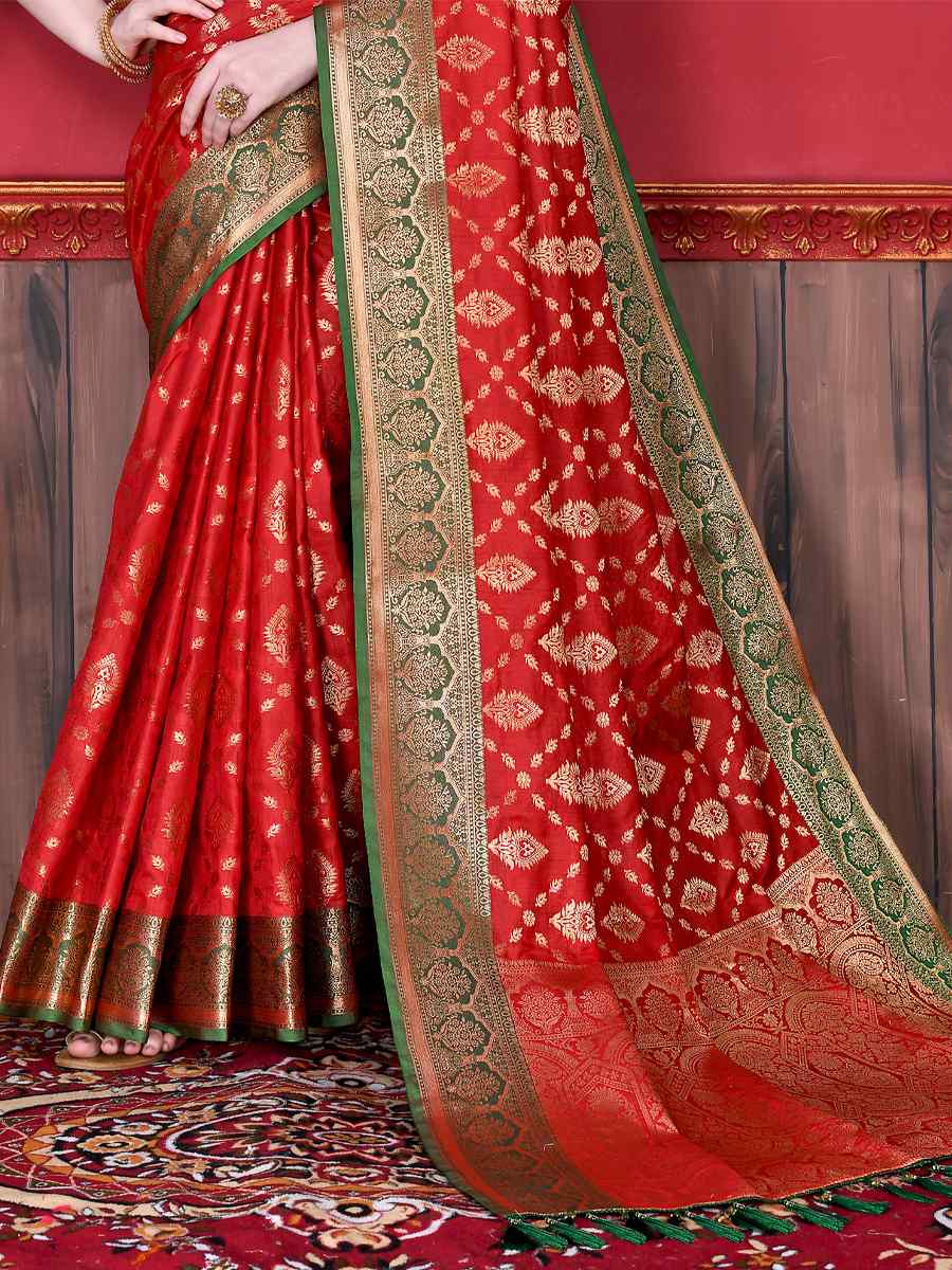 Red Soft Katan Silk Handwoven Party Festival Heavy Border Saree