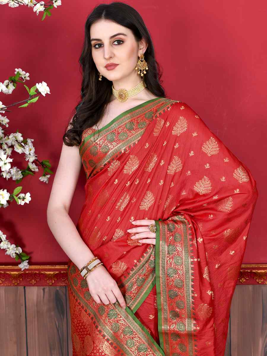 Red Soft Katan Silk Handwoven Party Festival Heavy Border Saree