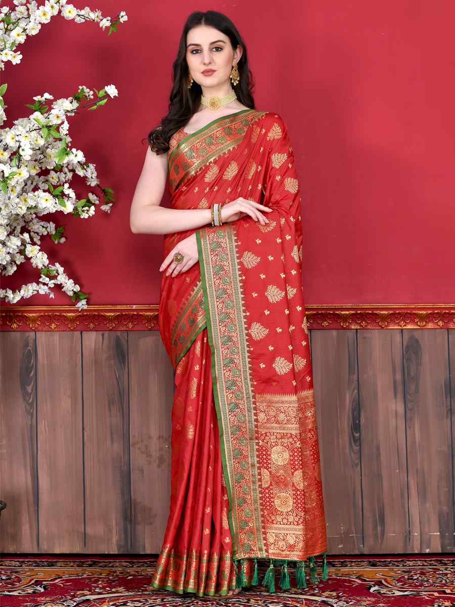 Red Soft Katan Silk Handwoven Party Festival Heavy Border Saree