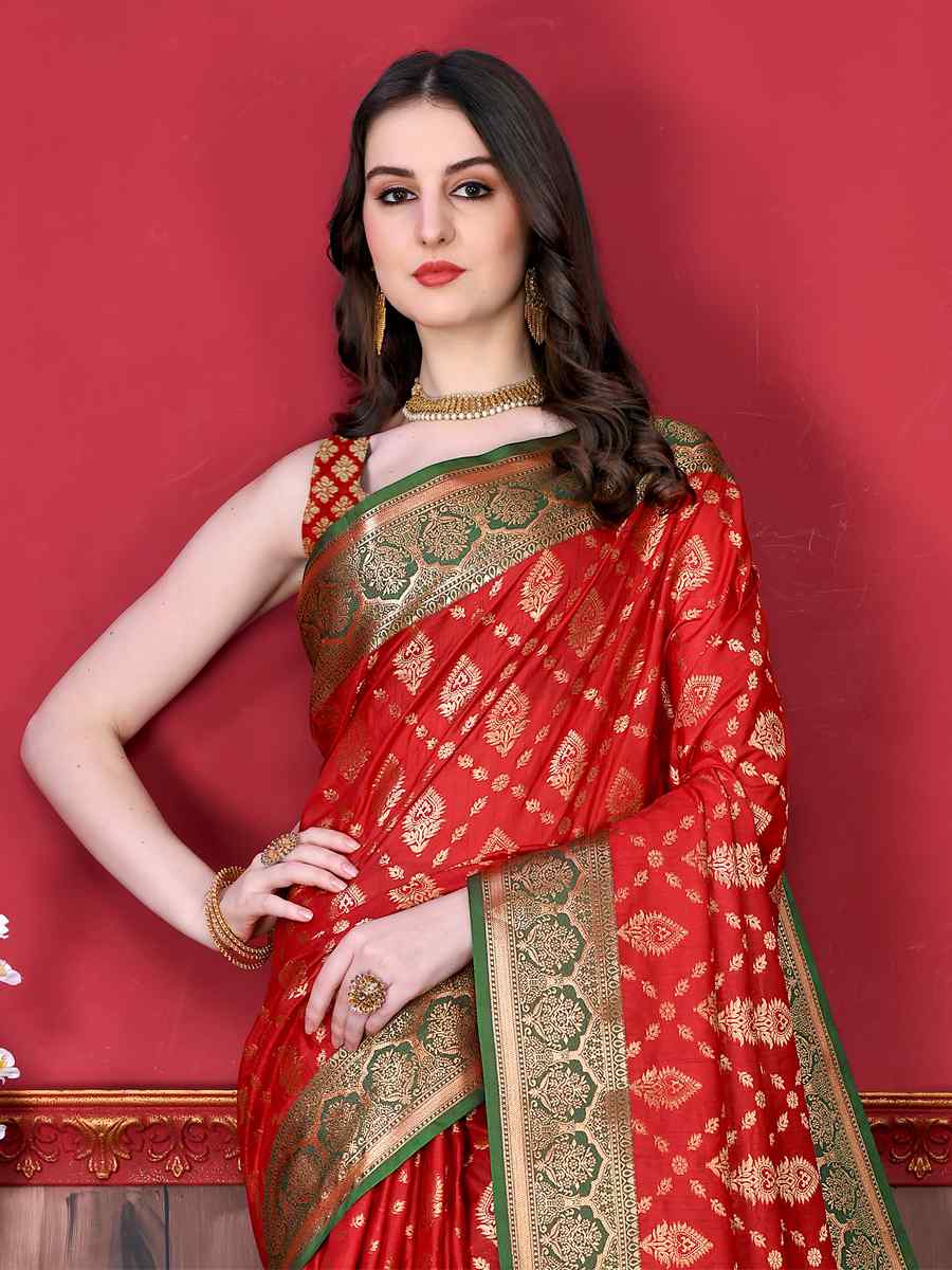 Red Soft Katan Silk Handwoven Party Festival Heavy Border Saree