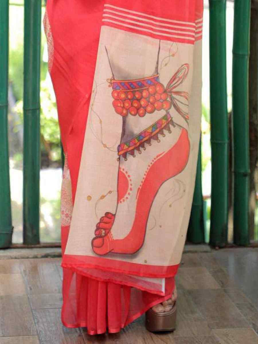 Red Soft Linen Handwoven Festival Casual Classic Style Saree