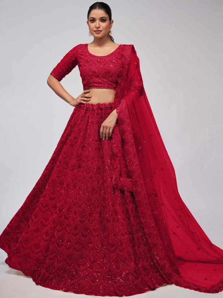 Red Soft Net Embroidered Bridesmaid Wedding Heavy Border Lehenga Choli