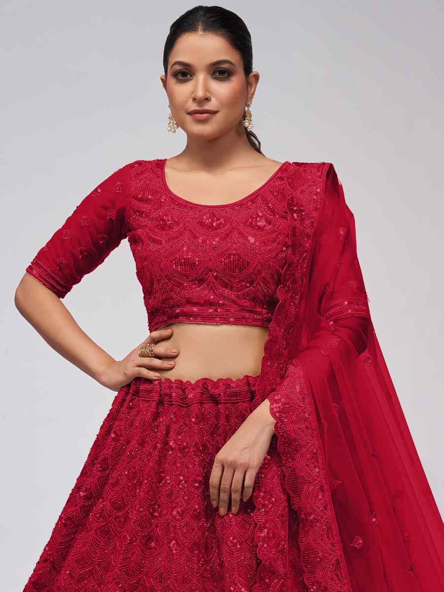 Red Soft Net Embroidered Bridesmaid Wedding Heavy Border Lehenga Choli