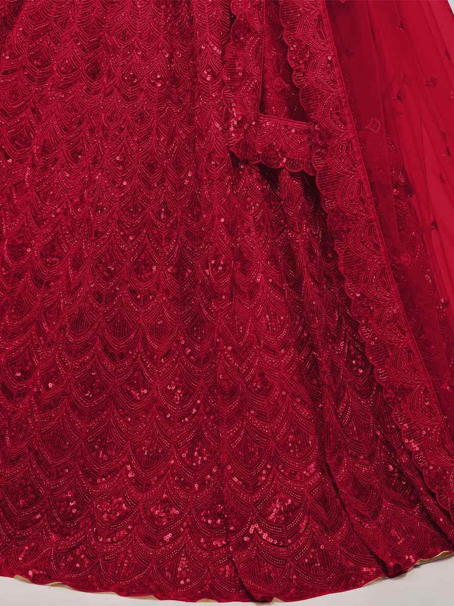 Red Soft Net Embroidered Bridesmaid Wedding Heavy Border Lehenga Choli