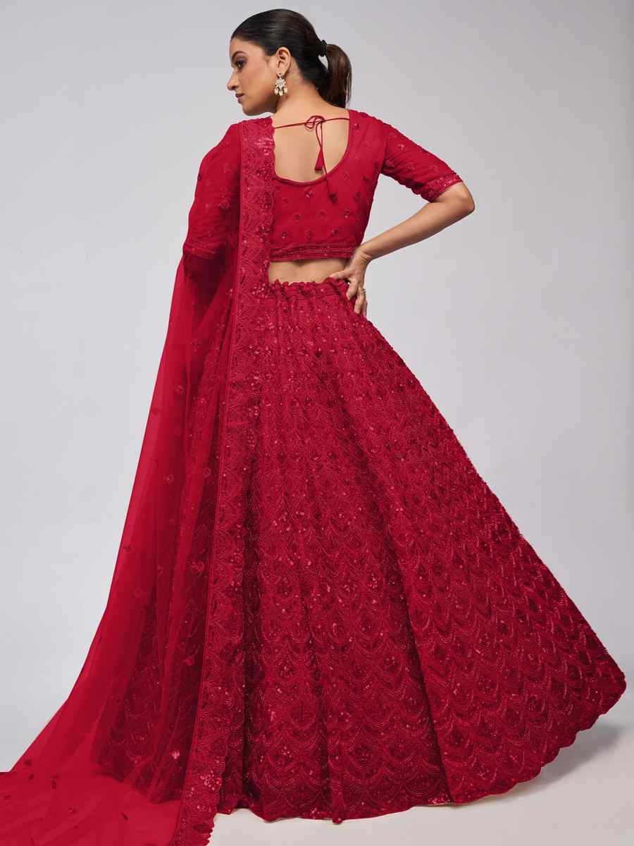 Red Soft Net Embroidered Bridesmaid Wedding Heavy Border Lehenga Choli