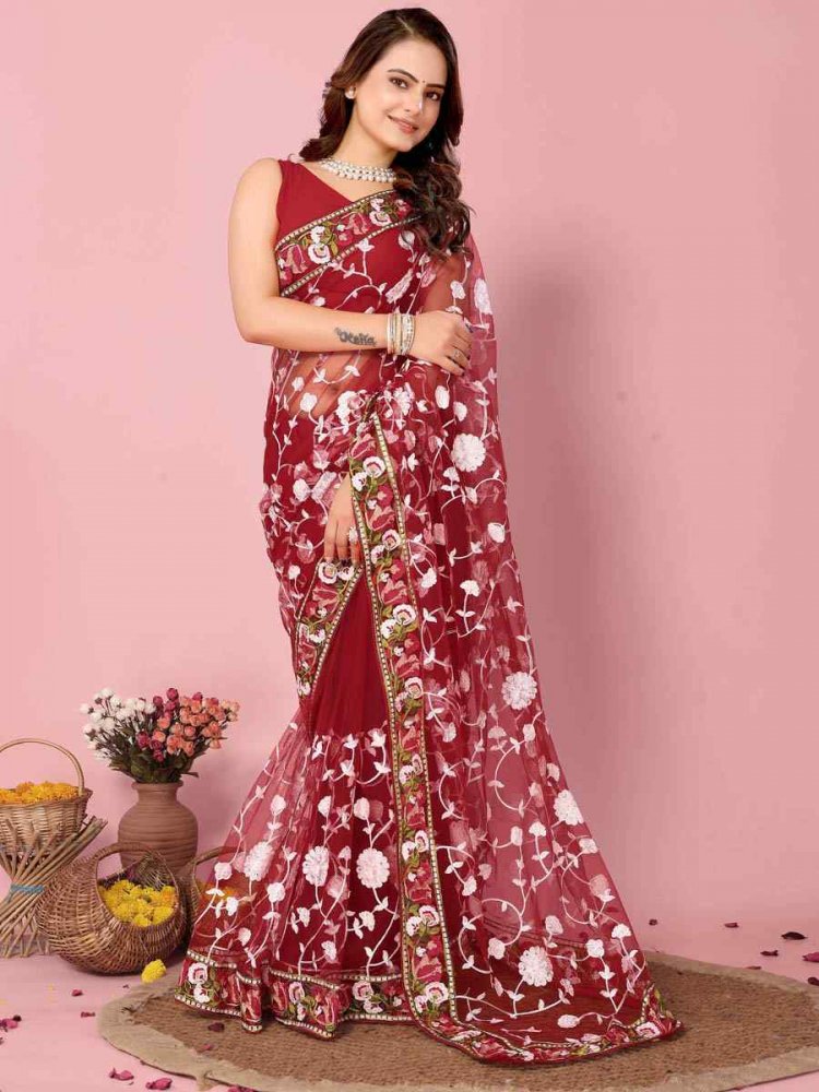 Red Soft Net Embroidered Wedding Festival Heavy Border Saree