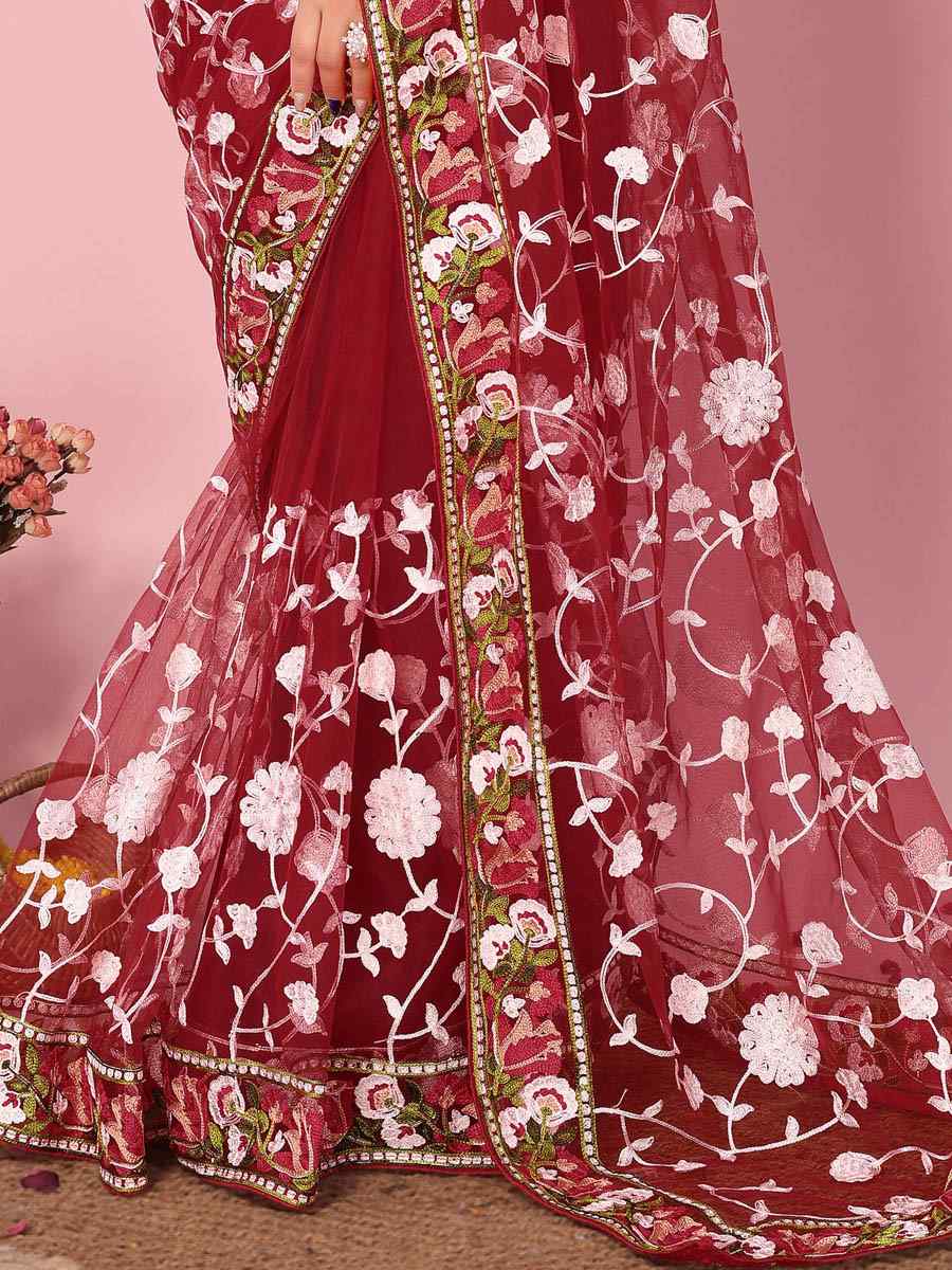 Red Soft Net Embroidered Wedding Festival Heavy Border Saree