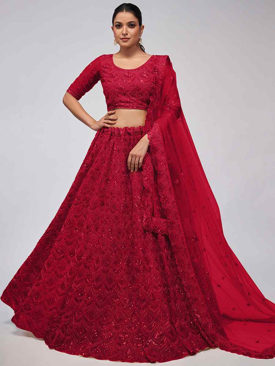 Red Soft Net Embroidery Bridesmaid Wedding Heavy Border Lehenga Choli