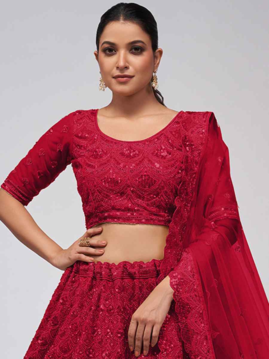 Red Soft Net Embroidery Bridesmaid Wedding Heavy Border Lehenga Choli