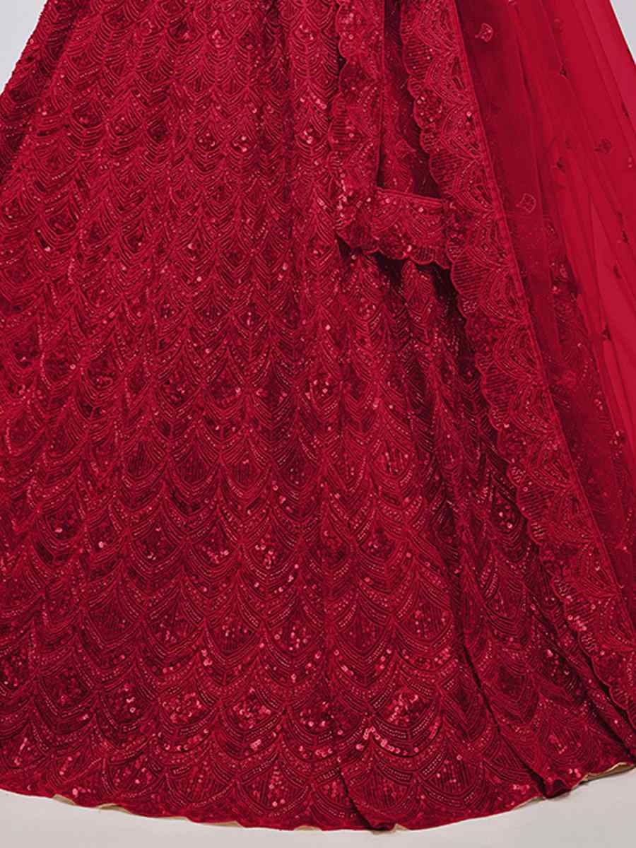 Red Soft Net Embroidery Bridesmaid Wedding Heavy Border Lehenga Choli