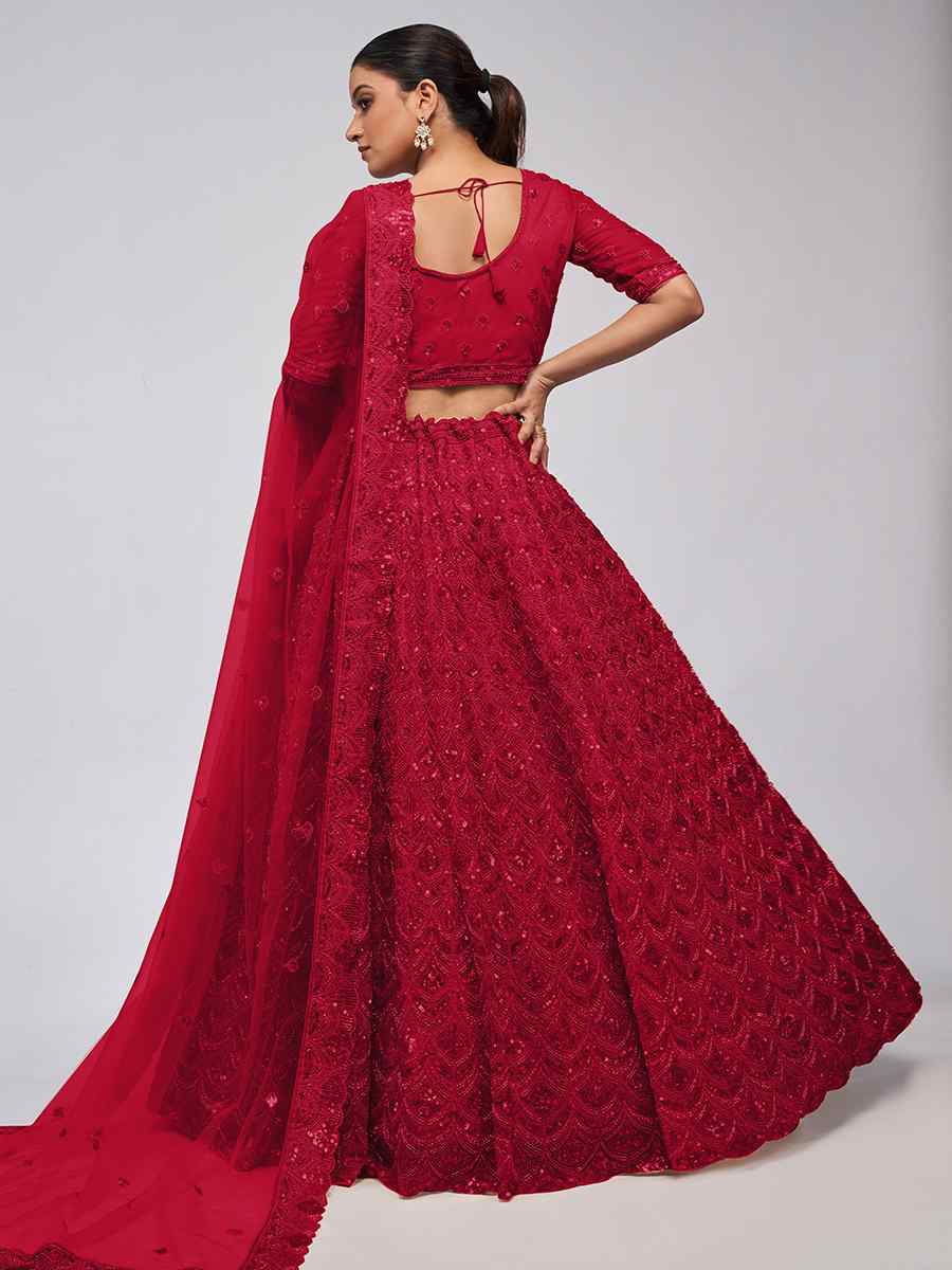 Red Soft Net Embroidery Bridesmaid Wedding Heavy Border Lehenga Choli