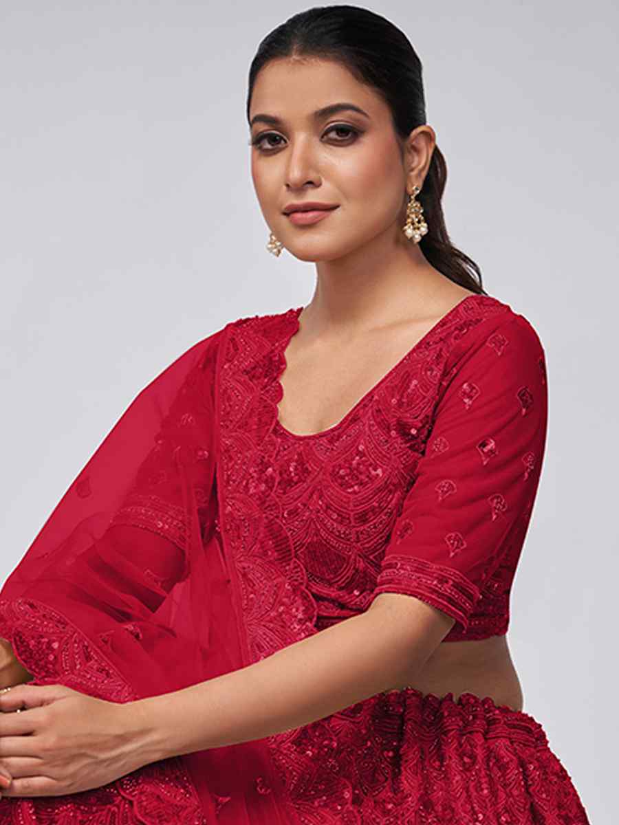 Red Soft Net Embroidery Bridesmaid Wedding Heavy Border Lehenga Choli