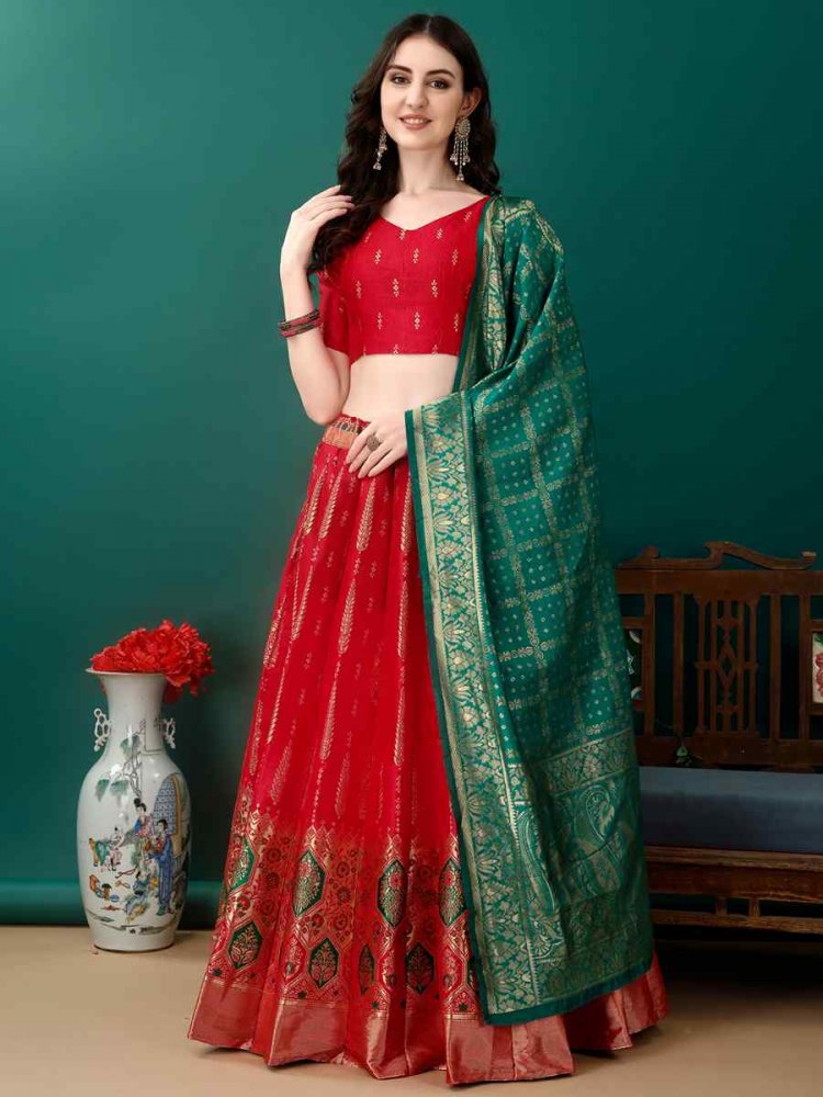 Red Soft Silk Jacquard Embroidery Bridesmaid Wedding Heavy Border Lehenga Choli