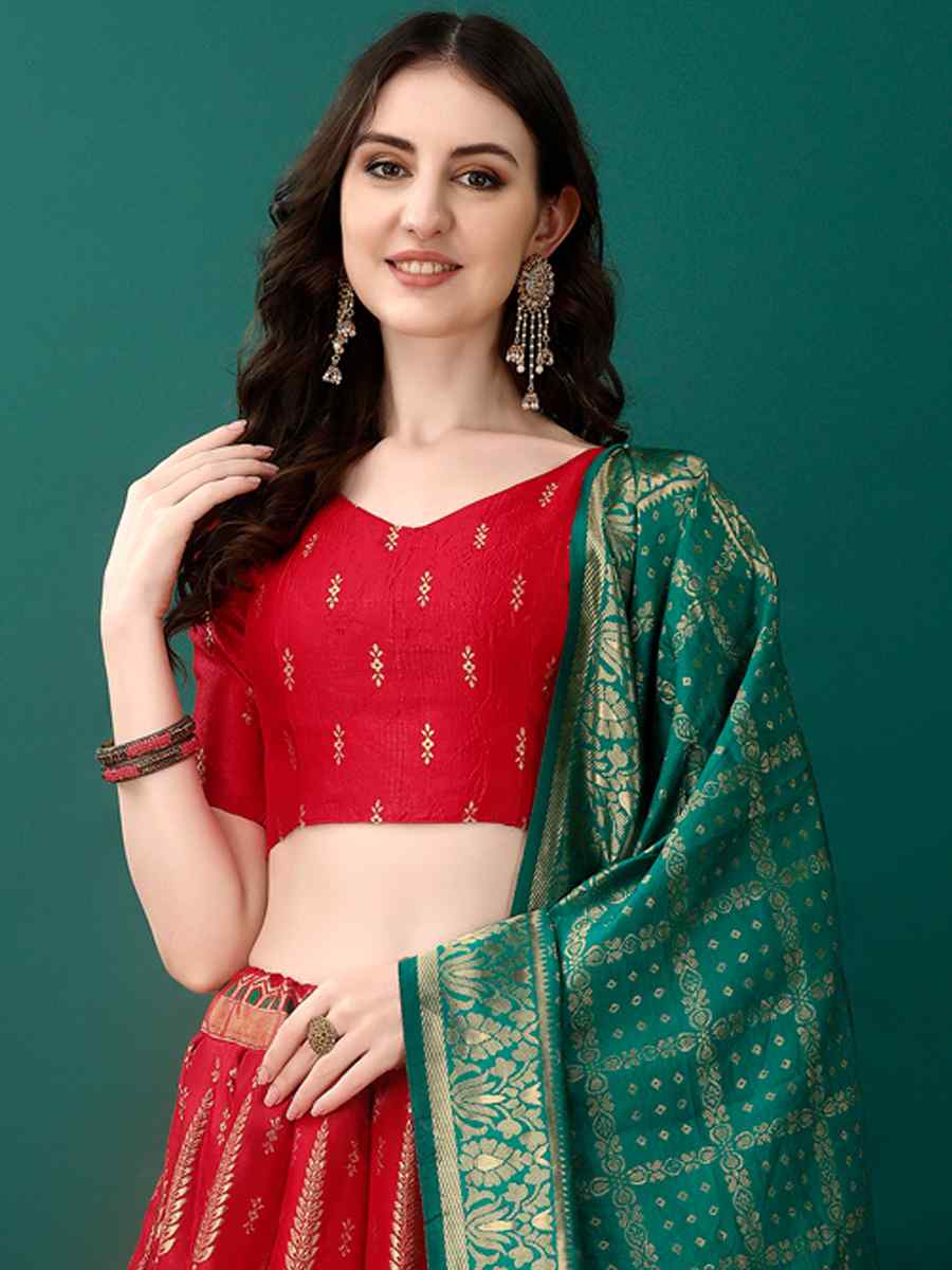 Red Soft Silk Jacquard Embroidery Bridesmaid Wedding Heavy Border Lehenga Choli