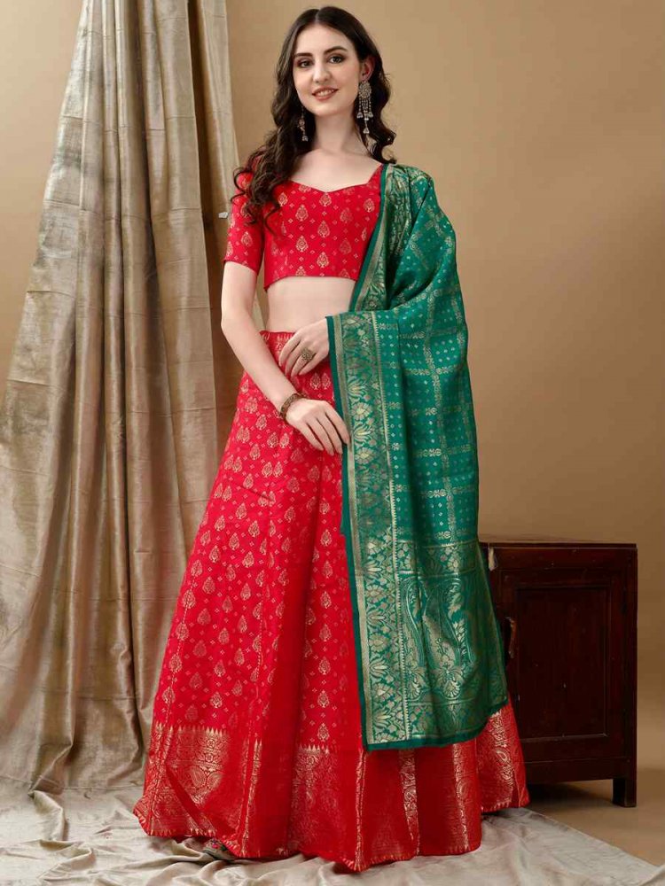 Red Soft Silk Jacquard Embroidery Bridesmaid Wedding Heavy Border Lehenga Choli