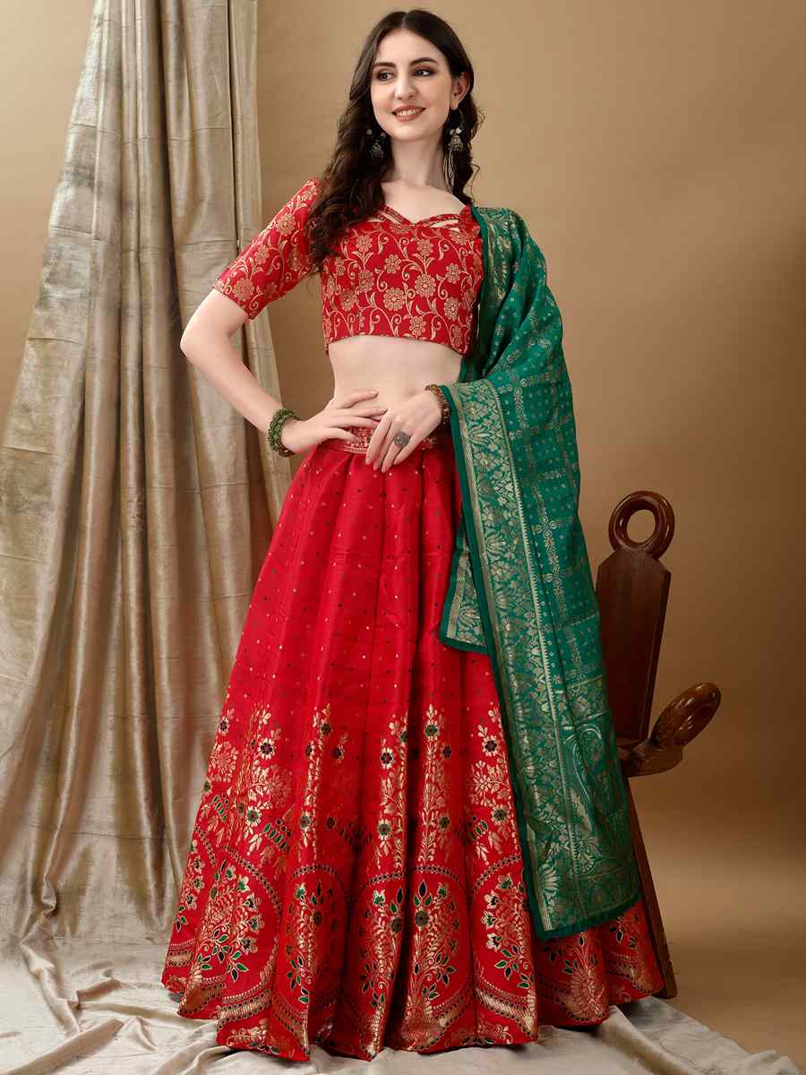 Red Soft Silk Jacquard Embroidery Bridesmaid Wedding Heavy Border Lehenga Choli