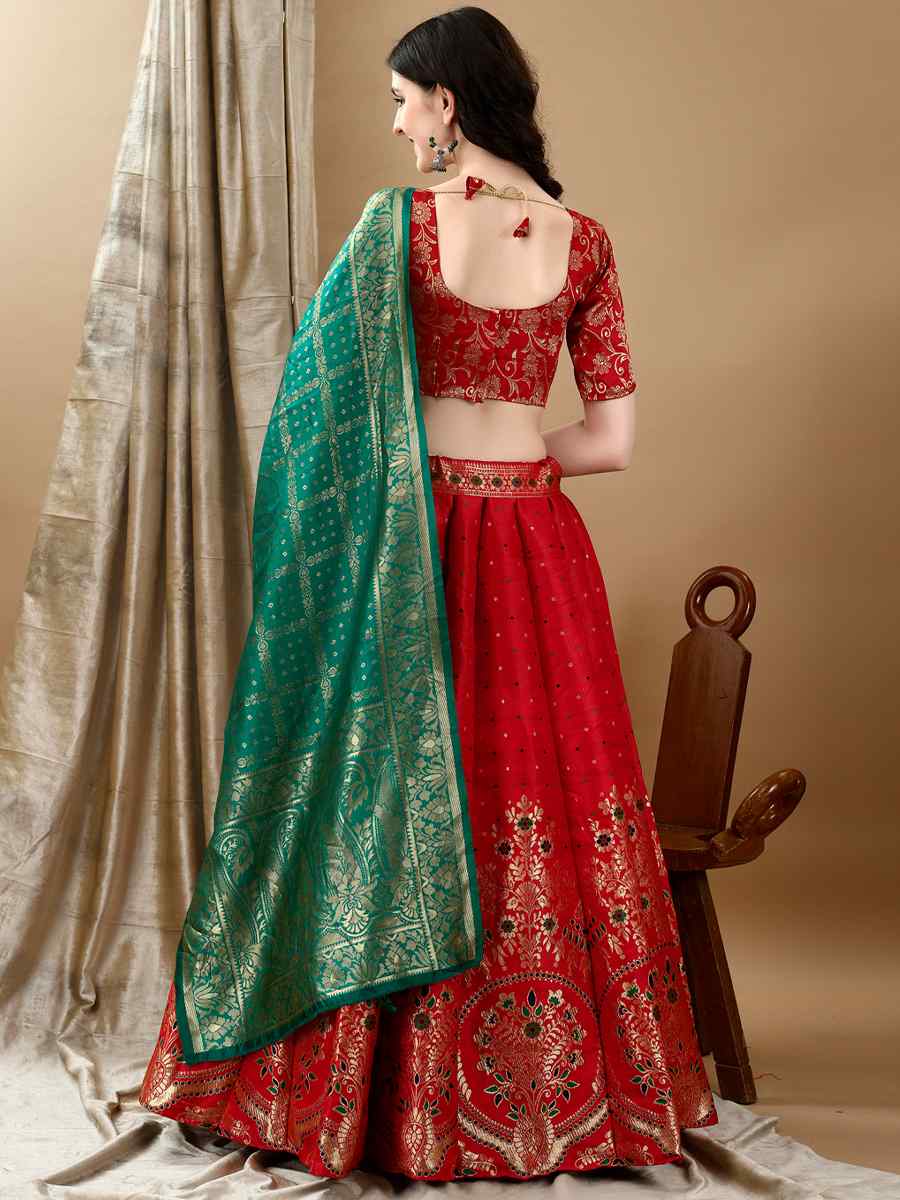 Red Soft Silk Jacquard Embroidery Bridesmaid Wedding Heavy Border Lehenga Choli