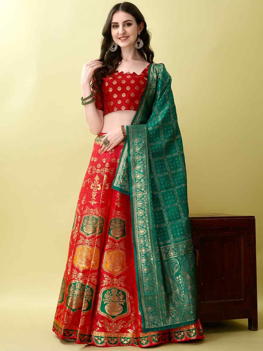 Red Soft Silk Jacquard Embroidery Bridesmaid Wedding Heavy Border Lehenga Choli