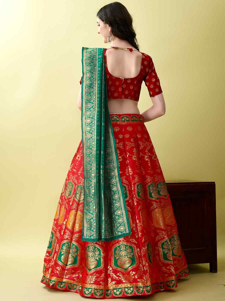 Red Soft Silk Jacquard Embroidery Bridesmaid Wedding Heavy Border Lehenga Choli