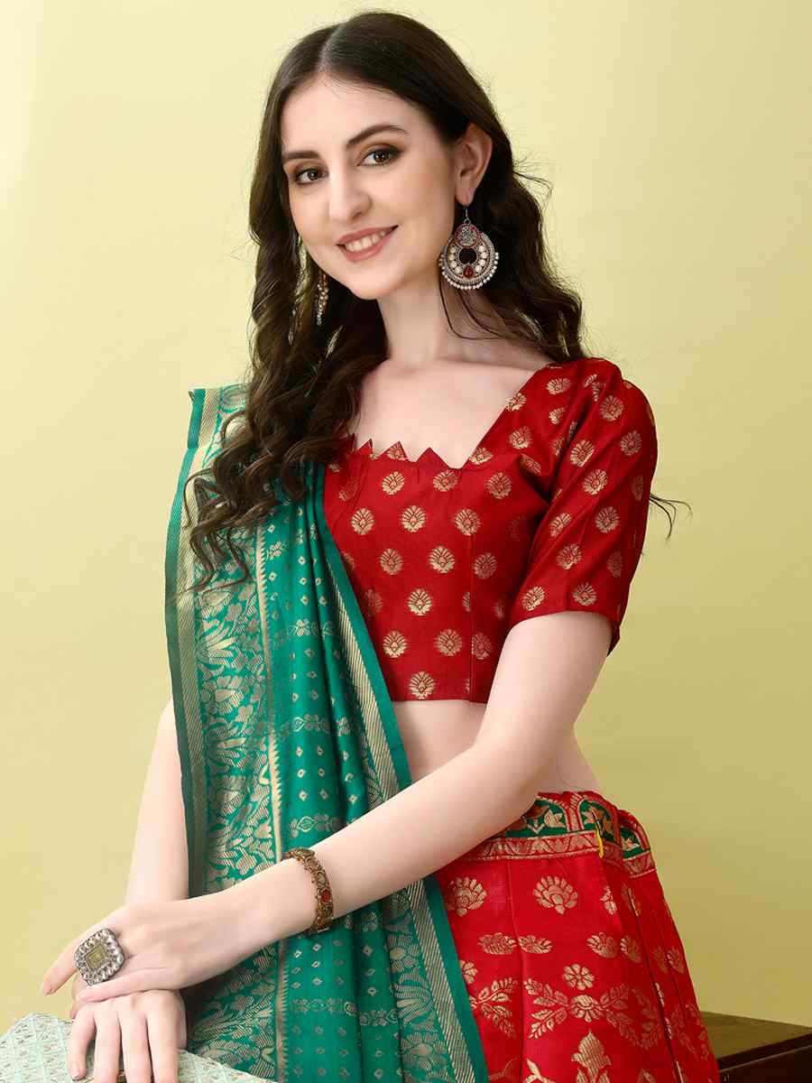 Red Soft Silk Jacquard Embroidery Bridesmaid Wedding Heavy Border Lehenga Choli