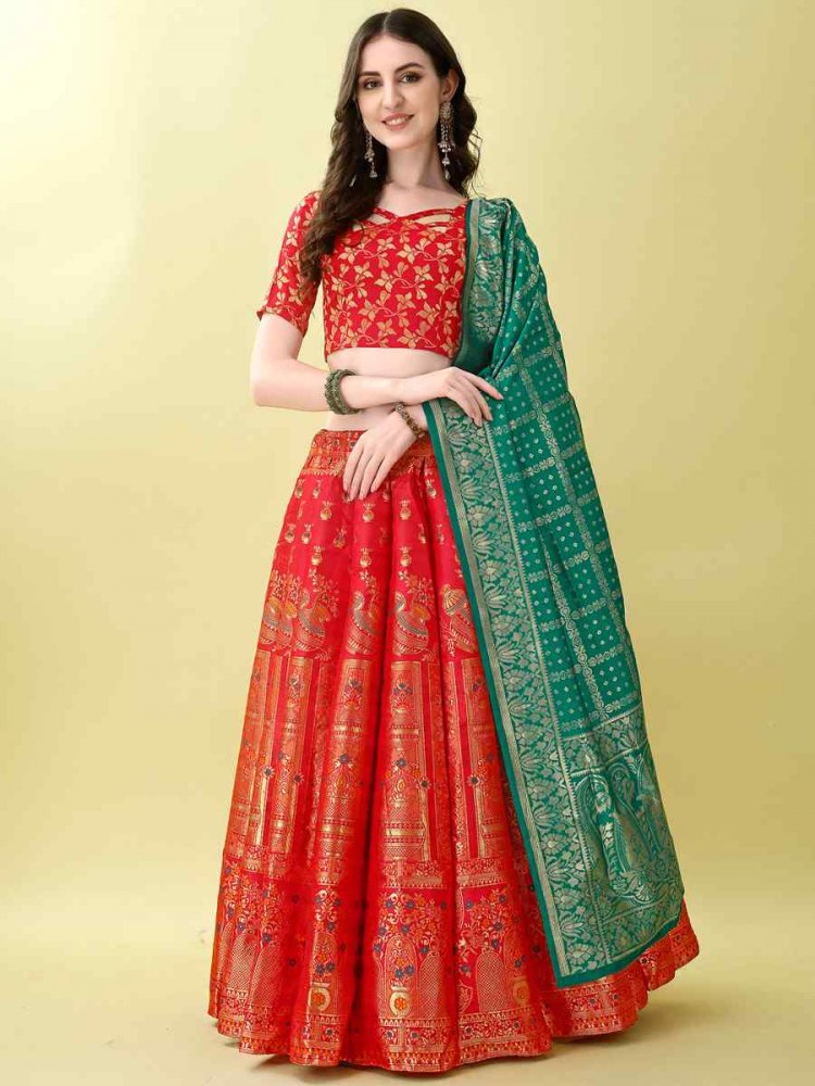 Red Soft Silk Jacquard Embroidery Bridesmaid Wedding Heavy Border Lehenga Choli