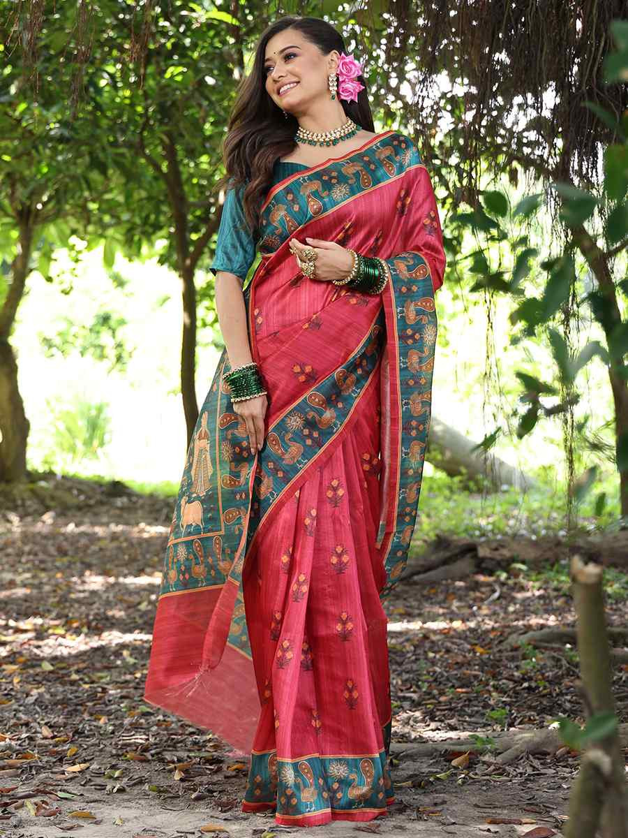 Red Soft Tussar Silk Handwoven Festival Wedding Heavy Border Saree