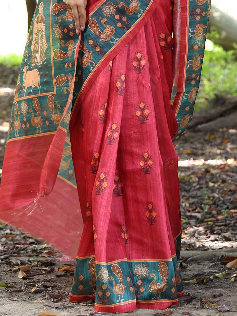 Red Soft Tussar Silk Handwoven Festival Wedding Heavy Border Saree