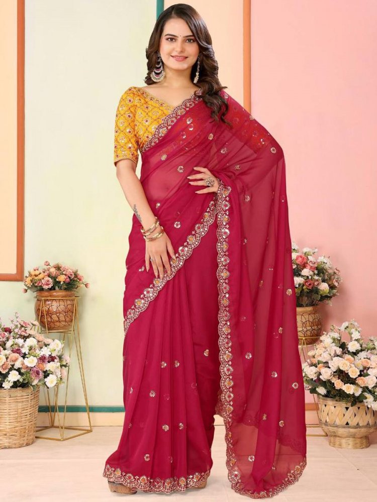 Red Taby Organza Silk Embroidered Festival Party Heavy Border Saree