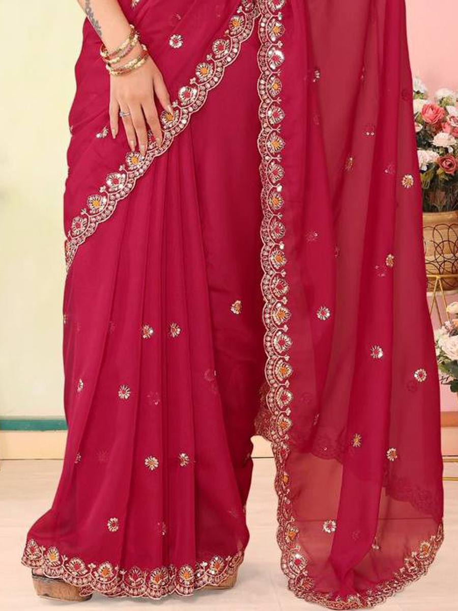 Red Taby Organza Silk Embroidered Festival Party Heavy Border Saree