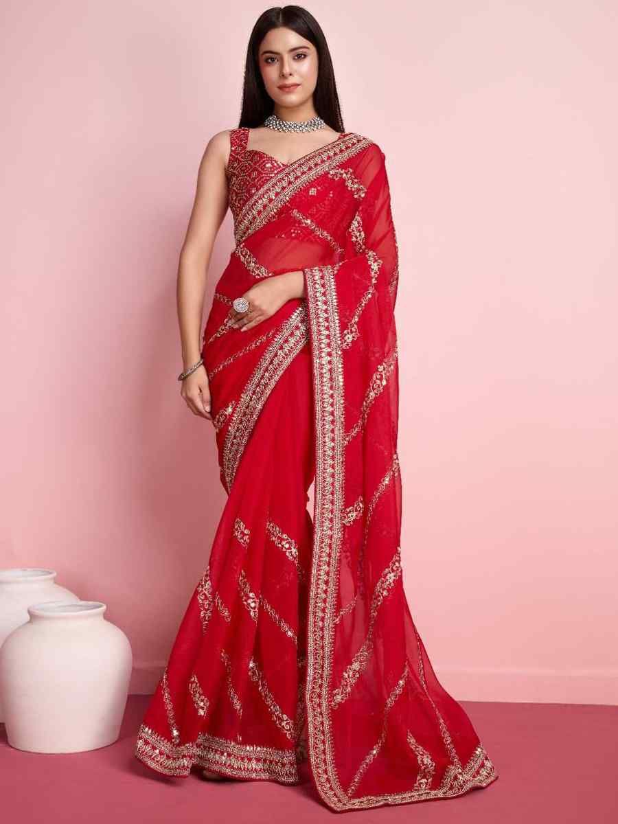 Red Taby Silk Embroidered Festival Party Classic Style Saree