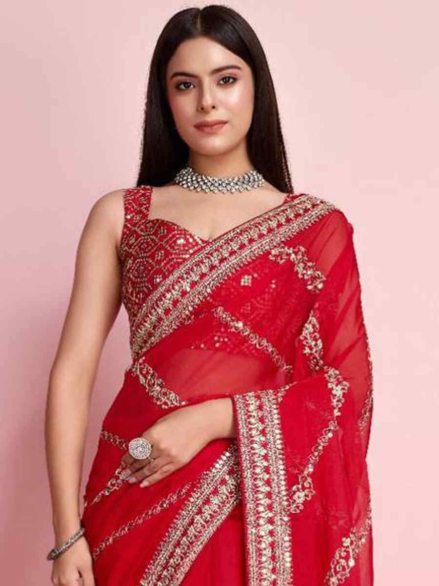 Red Taby Silk Embroidered Festival Party Classic Style Saree