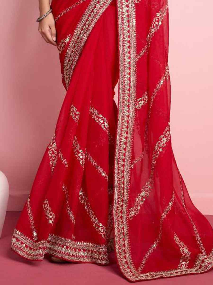 Red Taby Silk Embroidered Festival Party Classic Style Saree