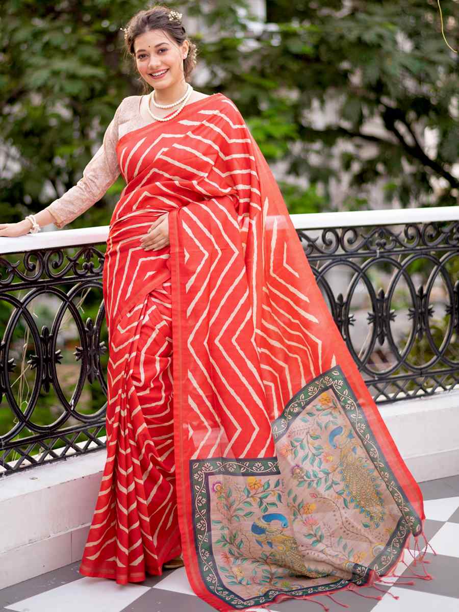 Red Tussar Silk Printed Casual Festival Contemporary Saree