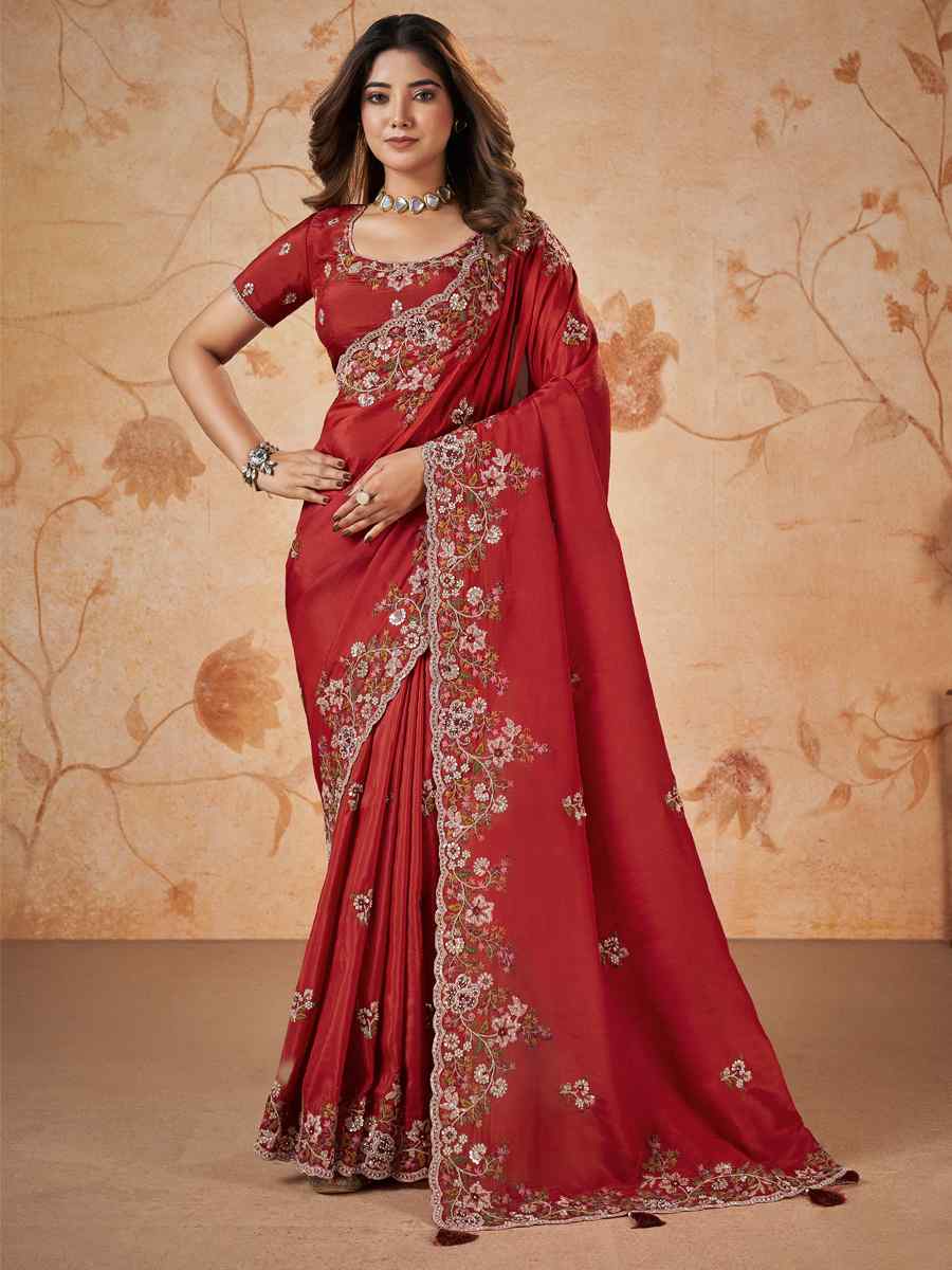 Red Upada Silk Embroidered Festival Party Classic Style Saree