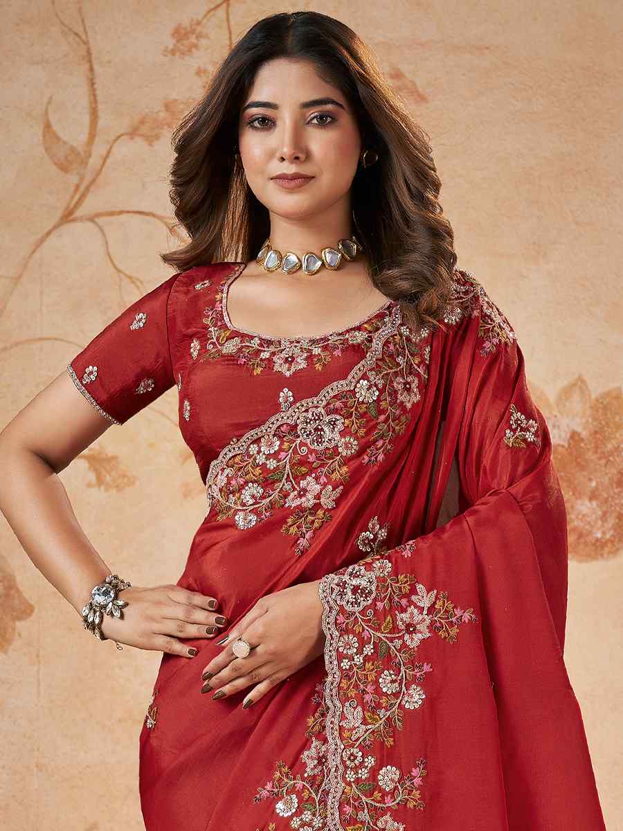 Red Upada Silk Embroidered Festival Party Classic Style Saree