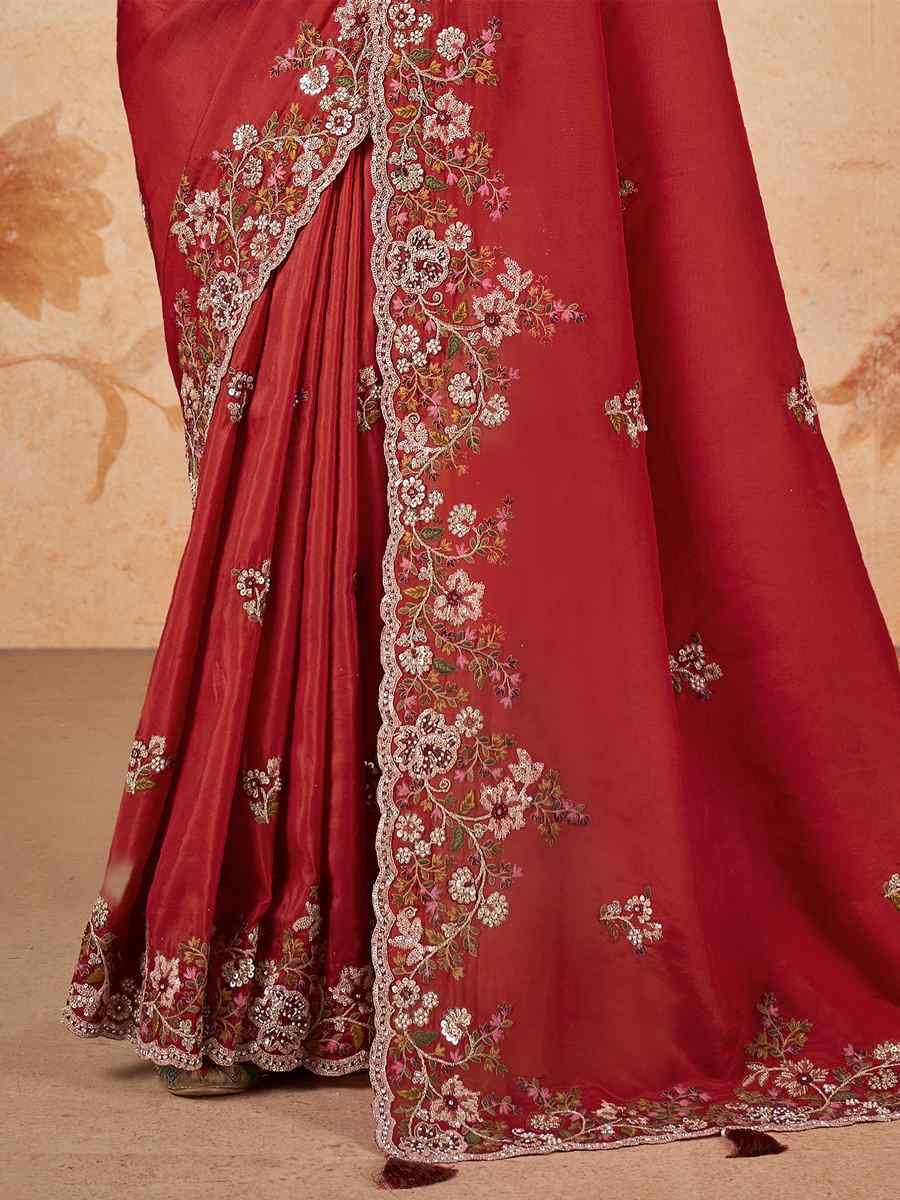 Red Upada Silk Embroidered Festival Party Classic Style Saree