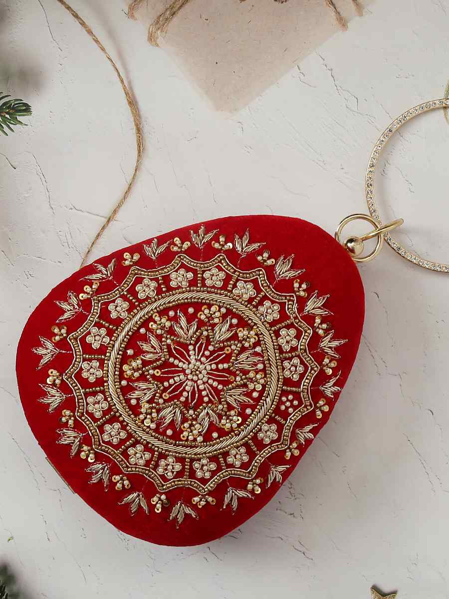 Red Velvet Party Wear Embroidered Clutches