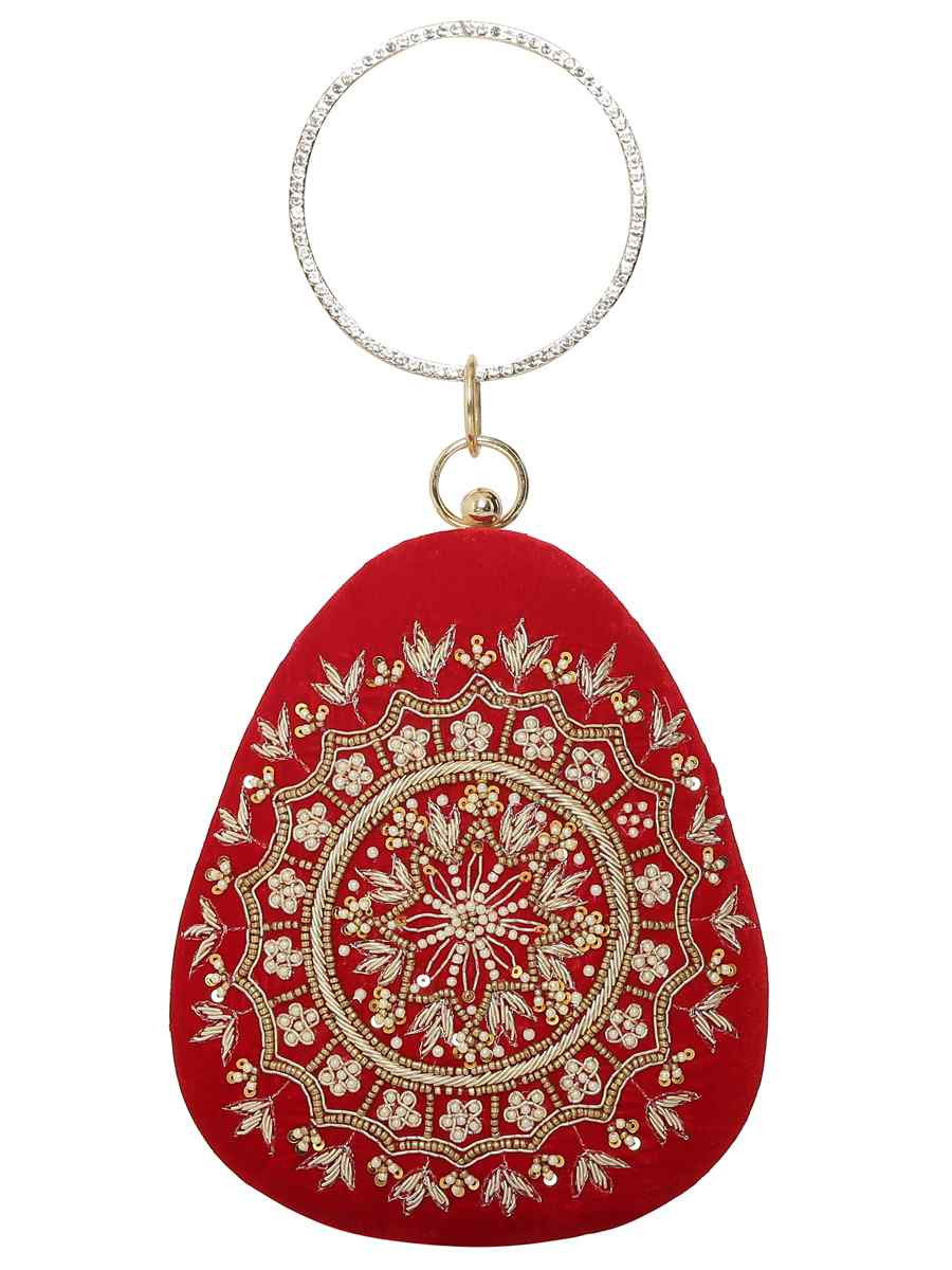 Red Velvet Party Wear Embroidered Clutches